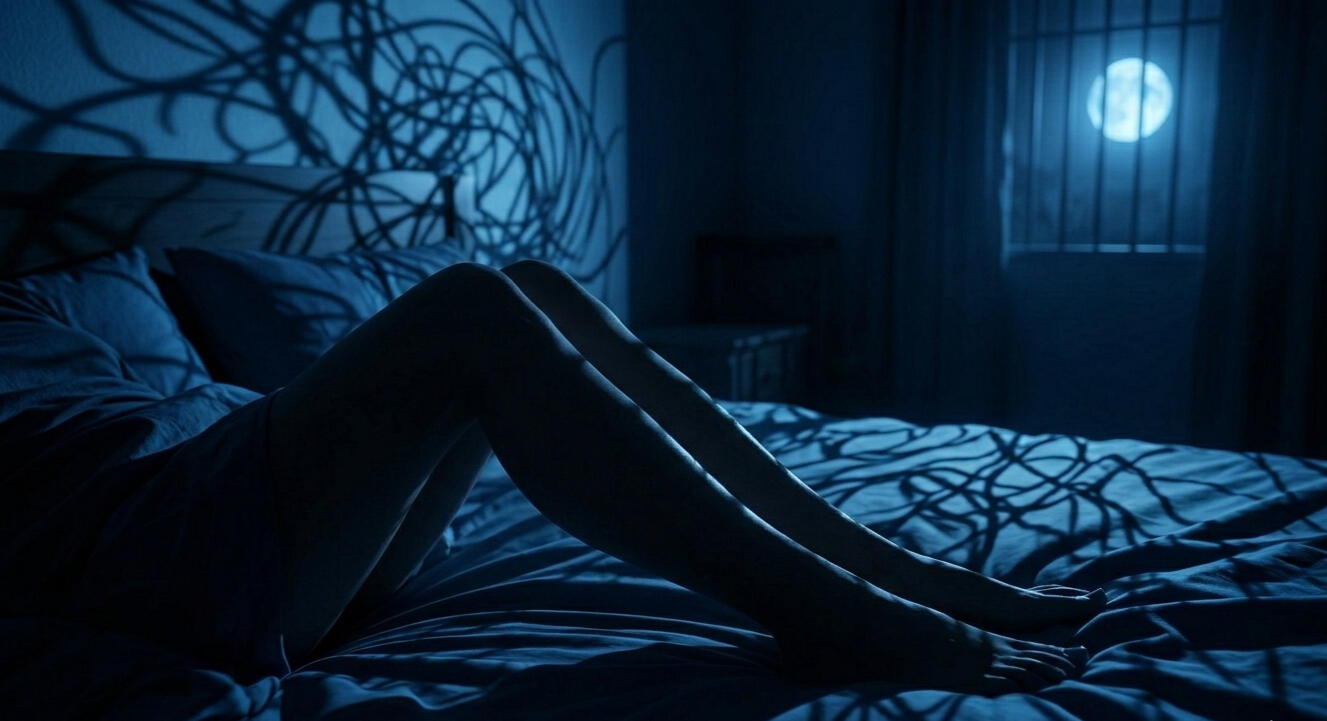 Nächtliche Unruhe und RLS‑Beschwerden im Schlafzimmer „Person liegt nachts wach im Bett, Beine angespannt, unruhige Schatten im Raum – Darstellung nächtlicher Restless‑Legs‑Beschwerden.