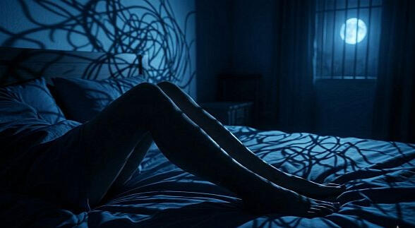 Nächtliche Unruhe und RLS‑Beschwerden im Schlafzimmer „Person liegt nachts wach im Bett, Beine angespannt, unruhige Schatten im Raum – Darstellung nächtlicher Restless‑Legs‑Beschwerden.