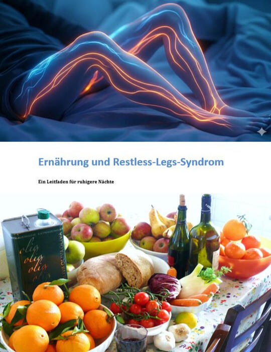 Darstellung unruhiger Beine mit leuchtenden Nervenbahnen kombiniert mit frischen Lebensmitteln – Ernährung als möglicher Einfluss auf RLS‑Symptome.