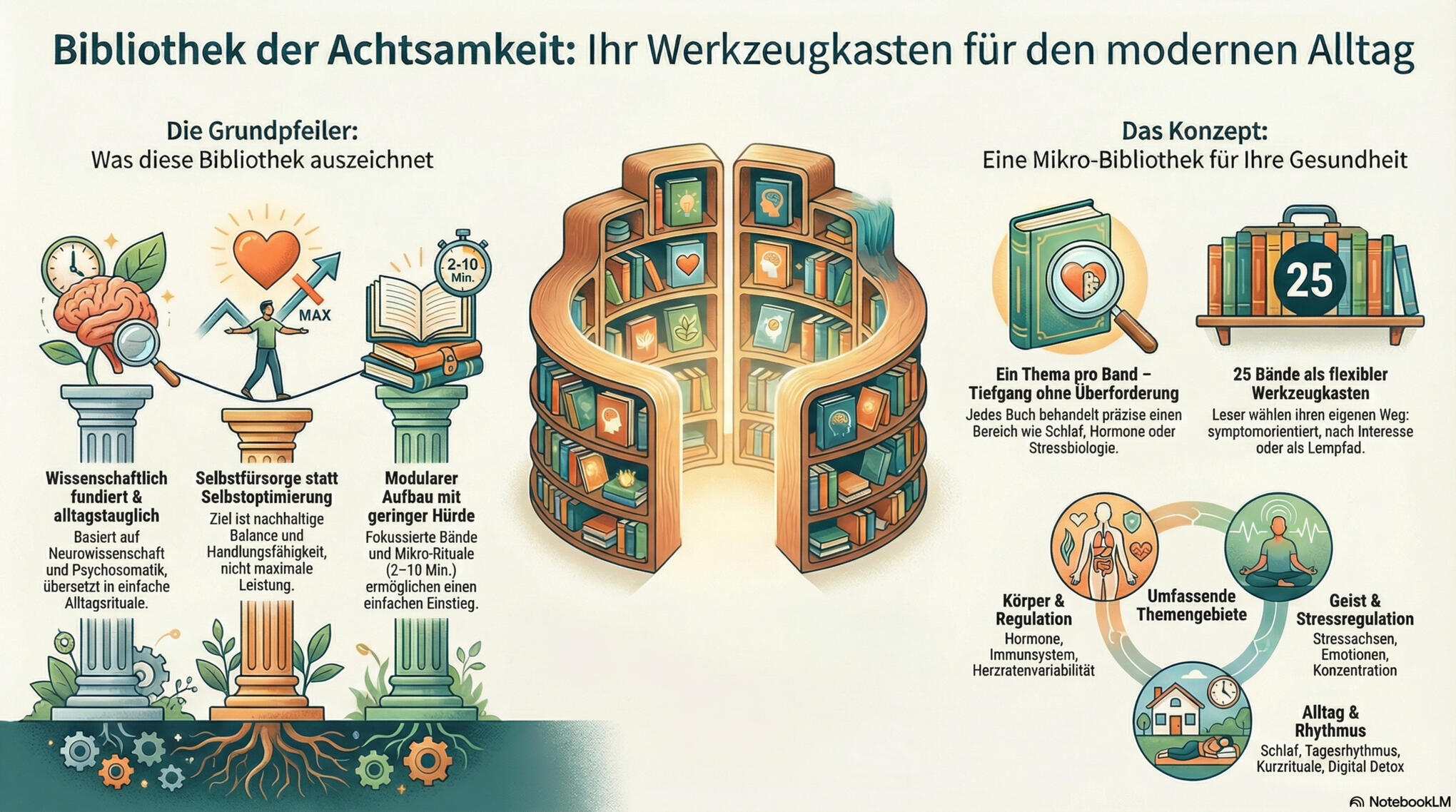 „Bibliothek der Achtsamkeit – Infografik zu Selbstfürsorge und Stressregulation Infografik zur ‚Bibliothek der Achtsamkeit‘ mit Grundpfeilern und Konzepten für Selbstfürsorge und Stressregulation im Alltag.