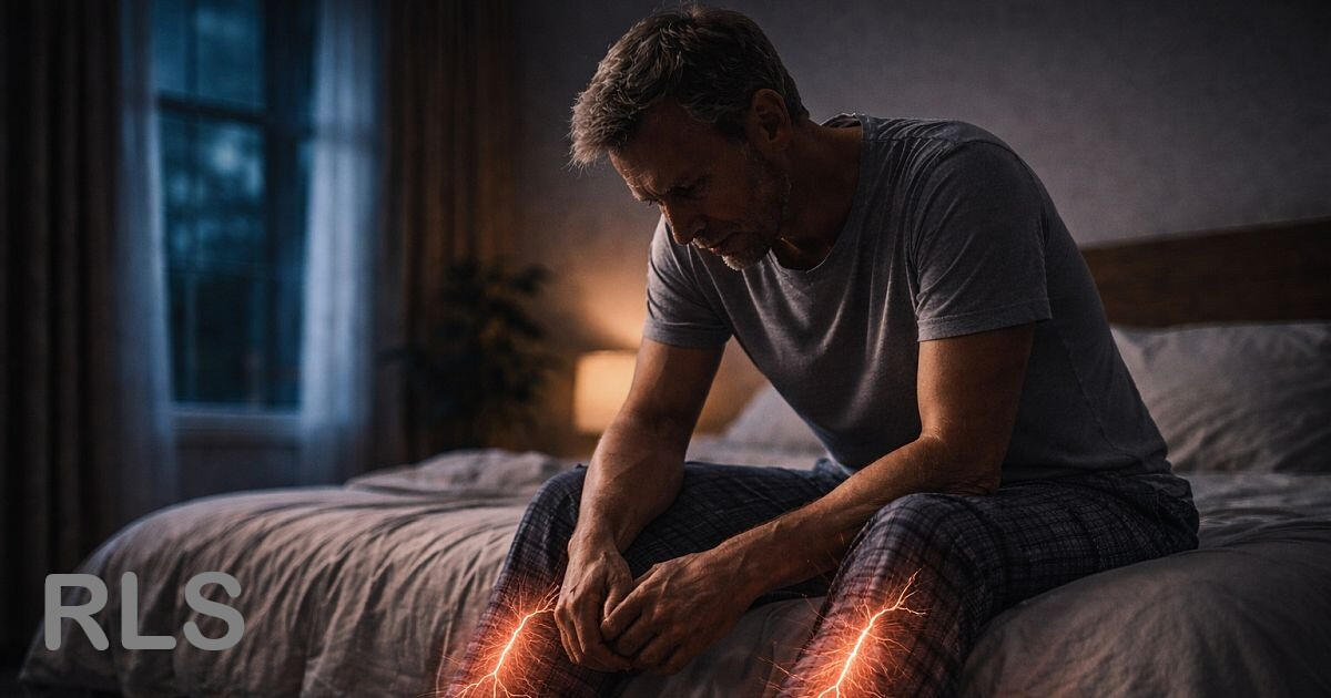 Schlafloser Mann mit nächtlichen Missempfindungen in den Beinen bei Restless Legs Syndrom (RLS)