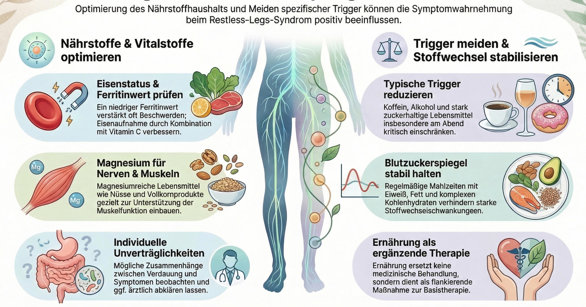Übersicht zum Einfluss der Ernährung auf RLS-Symptome, insbesondere durch Eisenstatus und Nährstoffbalance