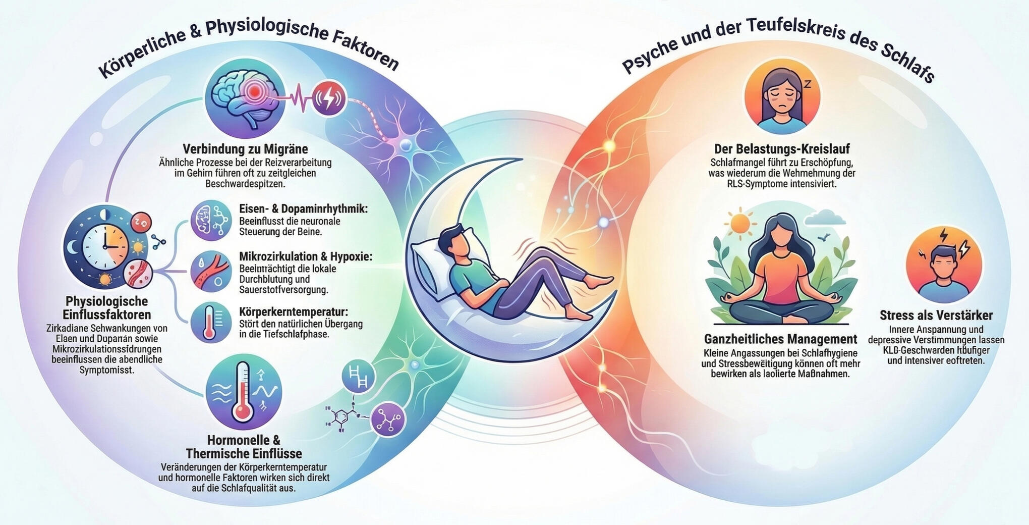 Übersicht typischer Begleitbeschwerden bei Restless Legs Syndrom, z. B. Migräne und Schlafstörungen